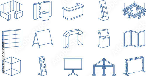 Isometric exhibition stand line icons set. Vector expo booth modular equipment, trade show backdrop, promotion counter, digital kiosk, lighting truss, and presentation elements outline collection