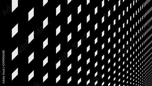 Fotografie High-contrast black geometric background with white repeating diamond cutouts arranged in perspective formation, creating dramatic spatial depth and optical illusion
