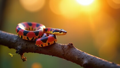 Colorful snake rests on tree branch. Reptile has red yellow black pattern. Sun sets with orange glow in blurred background. Nature wildlife scene.