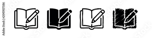 Writing and creative note-taking icon set, open book with pencil