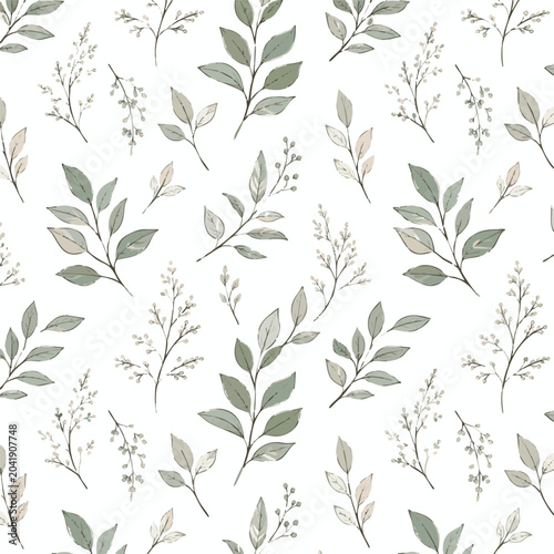 Foto Watercolor leaves, botanical branches, floral pattern, greenery, seamless design
