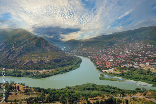 Photos Georgia. Panoramic view of confluence of Kura Aragvi rivers