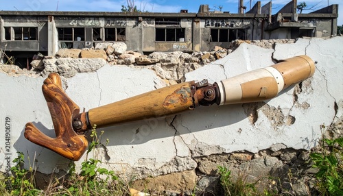 A cracked and weathered wooden prosthetic leg with rusted metal attachments lies amidst debris and ruined buildings, showcasing the harsh realities of decay and abandonment.