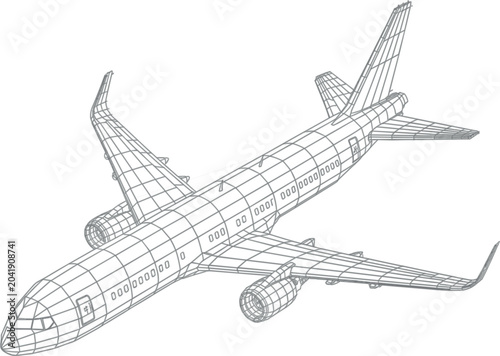 Detailed airplane wireframe illustration, 3D aircraft model, technical design, aviation vector, blueprint perspective, engineering, travel concept, digital rendering