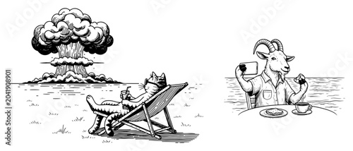 Obraz na plátně Satirical animal characters set with cat watching explosion and goat taking self