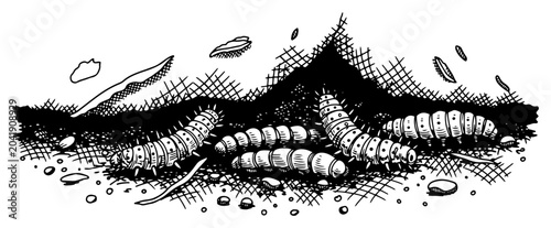Photos Caterpillars and larvae crawling on soil nature and garden insects hand drawn en