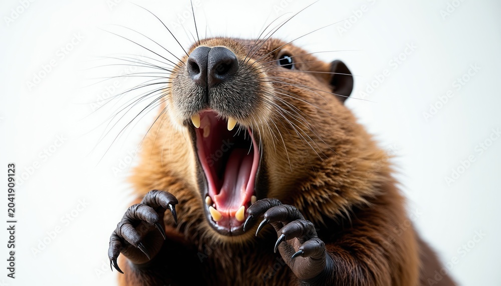 Naklejka premium Beaver shows sharp teeth and claws. Rodent opens mouth wide in close up animal portrait. Wild mammal with long whiskers poses for nature wildlife photo.
