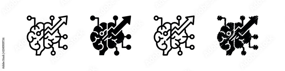 Fototapeta premium Artificial intelligence brain growth icon set. AI technology and neural network development symbol.