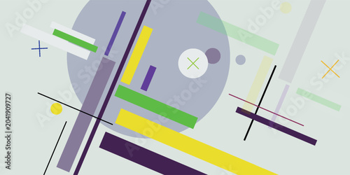 Tableau sur toile Abstract geometric composition with overlapping circles, lines, and rectangles in a Suprematist-inspired style, featuring a palette of purple, yellow, green, and grey