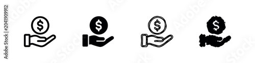 Foto Hand holding a dollar coin icon in four different styles for payment and charity concepts