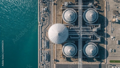 Aerial view of industrial storage tanks and facility by the sea