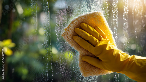 close-up of a hand wearing yellow rubber glove cleaning a glass window with cloth, visible water streaks and foam, bright natural sunlight