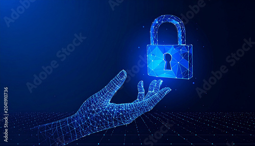 Digital hand reaching for a polygonal padlock in a futuristic blue cyber security concept