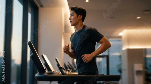Panel kuchenny z motywem Running on treadmill profile view of a sweating Asian man exercising inside a modern luxury gym with large window background.
