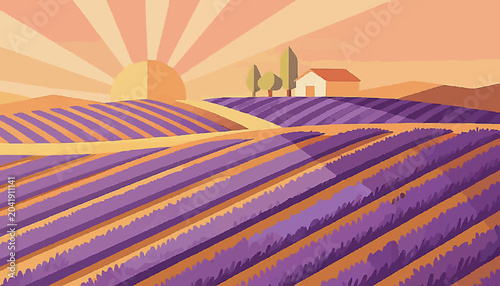 Vast lavender fields in full � cheerful flat design illustration stock concept