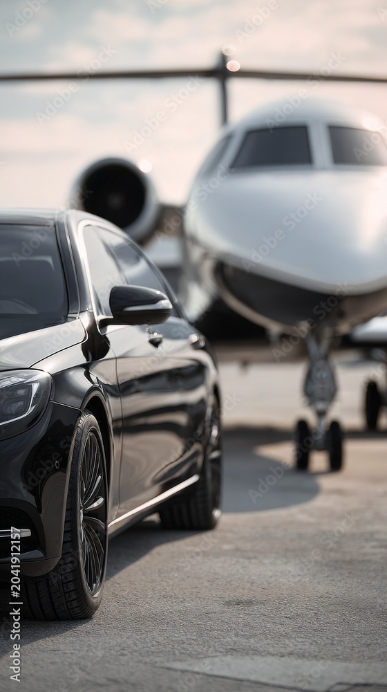 Fototapeta premium Luxury black car in foreground with a private jet in the background.