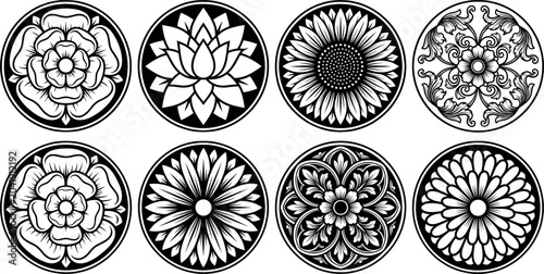 Circular floral emblem vector set featuring black and white linework designs including lotus rose sunflower chrysanthemum and ornate botanical mandalas