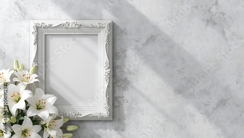 White ornate frame mockup with lilies on grey marble wall background