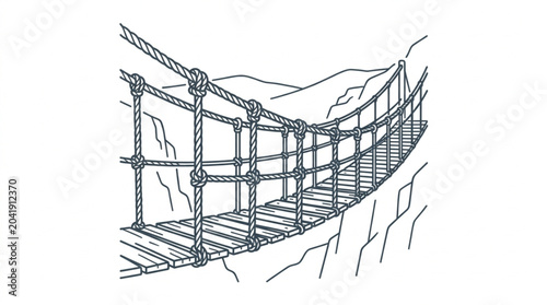 Hand drawn illustration of a rope suspension bridge spanning a canyon.