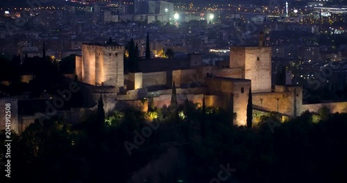 The Alhambra in Granada, Spain, at night.
