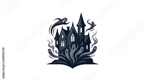 Photos Haunted House with Ghosts and Spooky Atmosphere Illustration.
