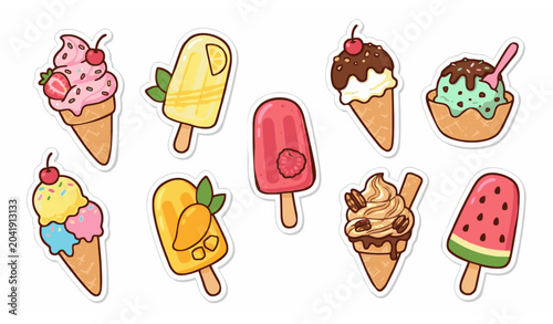 Cute ice cream cones and popsicle sticker style clipart set with flavor elements and summer dessert icons vector illustration isolated on white background