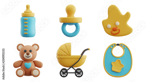 Tablou pe pânză Colorful baby essentials icons set with teddy bear and stroller Vector