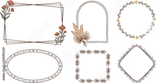 Elegant boho floral frame vector set with hand drawn botanical borders geometric shapes wreath and pampas grass decorations