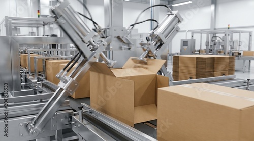 Canvas-taulu Robotic arms packaging a cardboard box in a factory