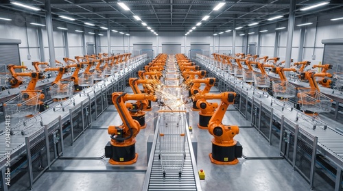 Bild auf Leinwand Multiple orange industrial robots working on assembly line in factory