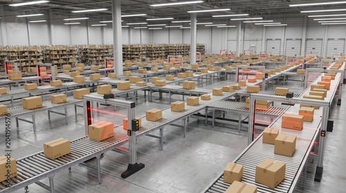 Valokuva Busy warehouse conveyor belts with cardboard boxes