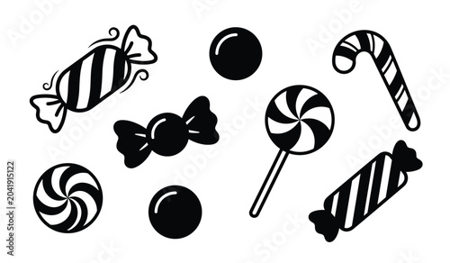 Foto Candy and sweet lollipop black silhouette vector icon set