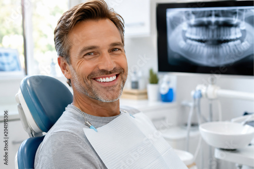 A smiling middle-aged man in a dental chair is being examined while an X-ray of teeth is displayed on a monitor in a modern dental office.