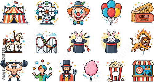 Circus and amusement park element vector icons set isolated on white background.