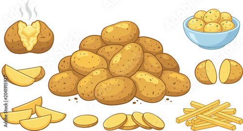 Raw and cooked potato vector set with french fries wedges baked potato and a bowl of boiled potatoes