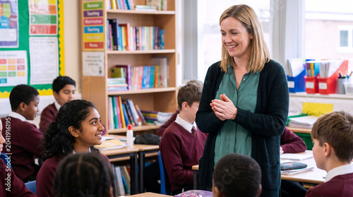 Smiling blonde primary school teacher engaging with diverse group of uniformed students in colorful UK classroom