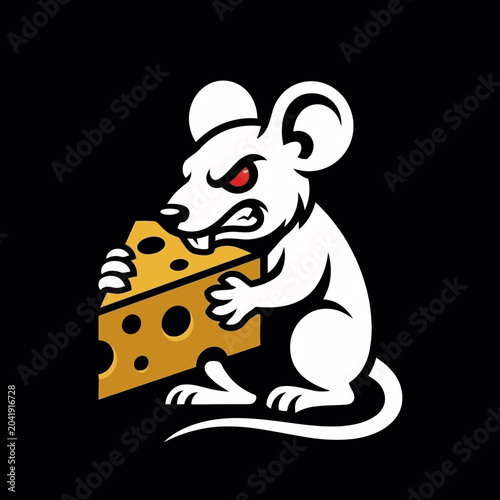 Foto White cartoon mouse eating cheese.
