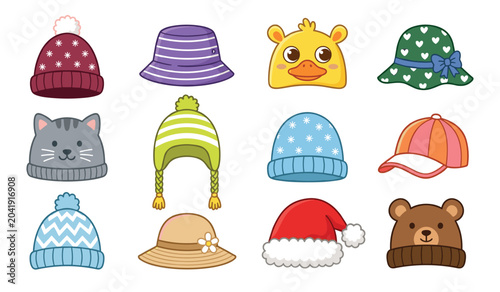 Tableau sur toile Cute children hat and winter beanie vector cartoon icon set