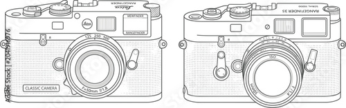 Photos Detailed black and white line art vector diagram of classic vintage rangefinder cameras on white background