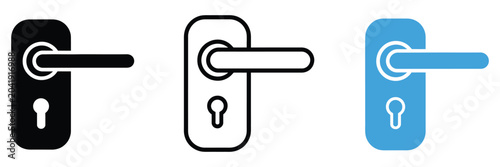 Fotografía Three door handle icons with keyholes in black white and blue colors for access