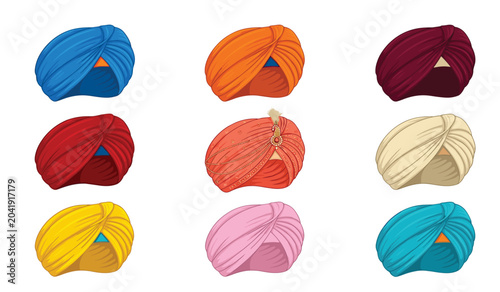 Schilderij op canvas Traditional Indian turban and Sikh pagri vector cartoon set
