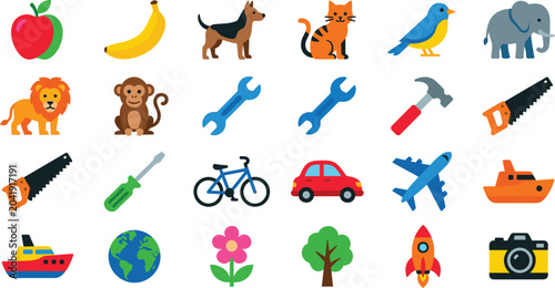 Colorful vector cartoon icon set featuring a large collection of cute animals, fruits, tools, and vehicles isolated on a white background.