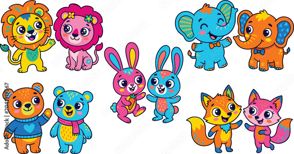 Naklejka premium Colorful vector cartoon icon set featuring pairs of cute patterned baby animals including lions, elephants, rabbits, bears, and foxes isolated on a white background.
