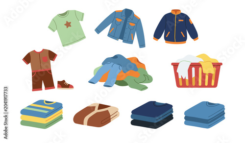 Fotografie Laundry and folded clothing flat vector cartoon icon set