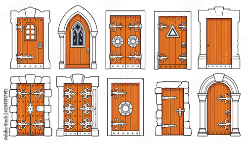 Medieval wooden door and stone arch vector cartoon set. Antique castle gates with iron hinges, metal rivets, handles and vintage frames.
