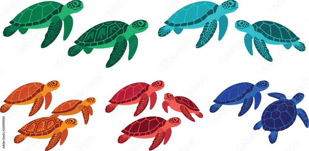 Fototapeta premium Colorful sea turtle vector illustration set showing cute green, blue, orange, and red turtles swimming isolated on a white background.