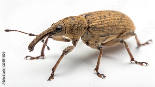 Weevil macro shot: A detailed close-up of a weevil, a small beetle with a distinct elongated snout, showcasing its intricate exoskeleton and delicate legs against a clean background.
