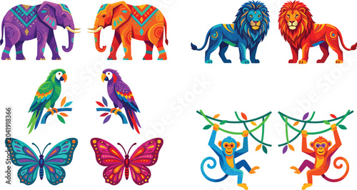 Colorful vector cartoon icon set with wild jungle animals including elephants, lions, parrots, butterflies, and monkeys decorated with geometric folk patterns isolated on a white background.