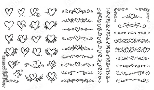 Hand-drawn heart flourish collection and romantic decorative dividers