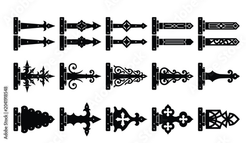 Fotografie Vintage gate hinge black silhouette vector icon set
